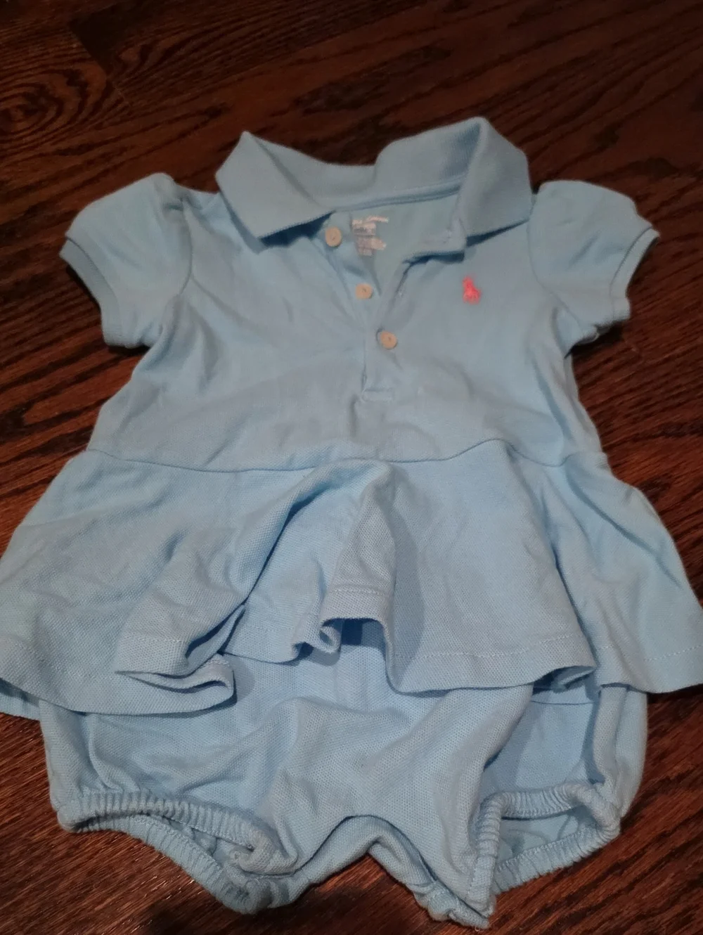 Ralph Lauren Light Blue Baby Polo Peplum Romper with Pink Logo